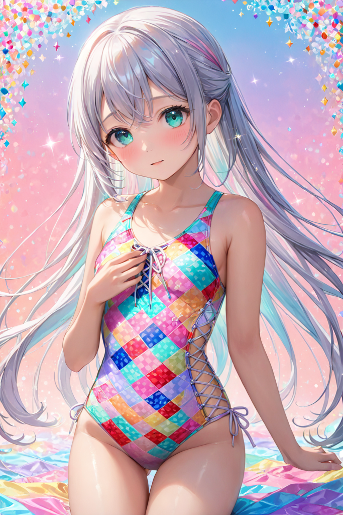 幻想的な光の背景で、虹色のパッチワーク風柄とフロントの編み上げが特徴的なワンピース水着を着用し、恥じらうように微笑む銀髪の「さみさん」。