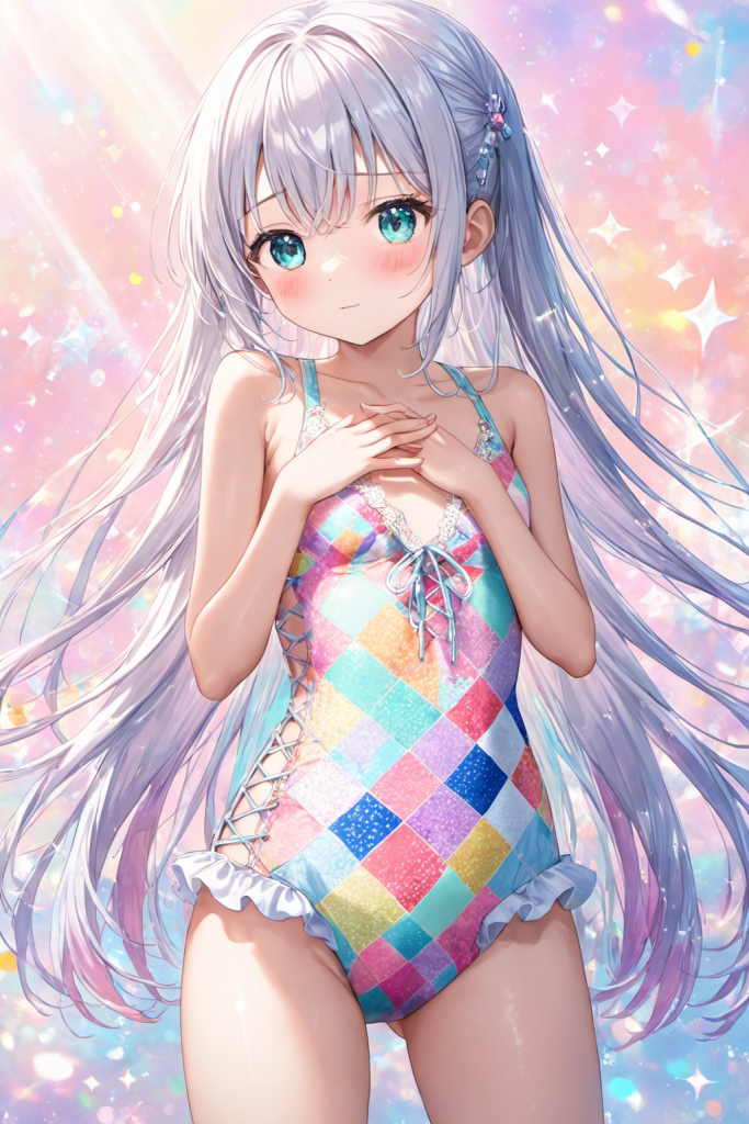 幻想的な光の背景で、虹色のパッチワーク風柄とフロントの編み上げが特徴的なワンピース水着を着用し、恥じらうように微笑む銀髪の「さみさん」。