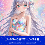 幻想的な光の背景で、虹色のパッチワーク風柄とフロントの編み上げが特徴的なワンピース水着を着用し、恥じらうように微笑む銀髪の「さみさん」。下部の水着プロンプトラベルがデザインアーカイブであることを示している。