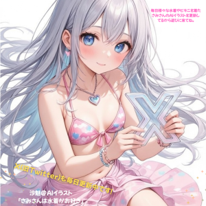 ハート柄の水着（ビキニ）を着たさみさんはXのプレートを持ちXのご案内をしているAIイラスト。文字にはXにて水着の紹介をしている事や、毎日更新中と記載しています。